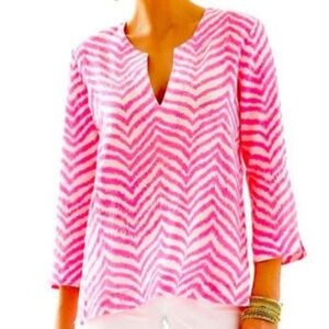 Lilly Pulitzer Pink and White Chevron Blouse Size L Amelia 100% Cotton Loose